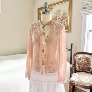 pink sheer beaded cardigan scala size xl 90s